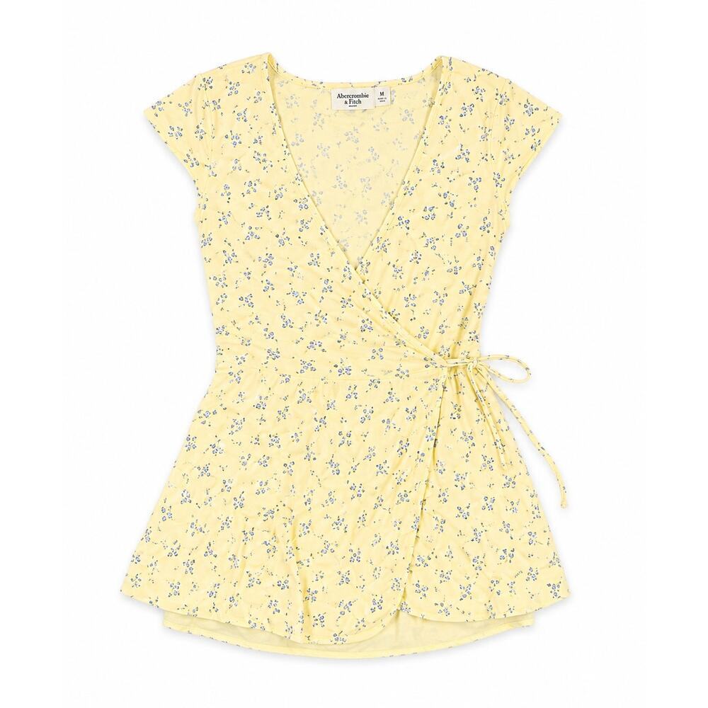 Hollister Pastel Yellow Floral Short Sleeve Wrap Mini Dress - Picture 2 of 2